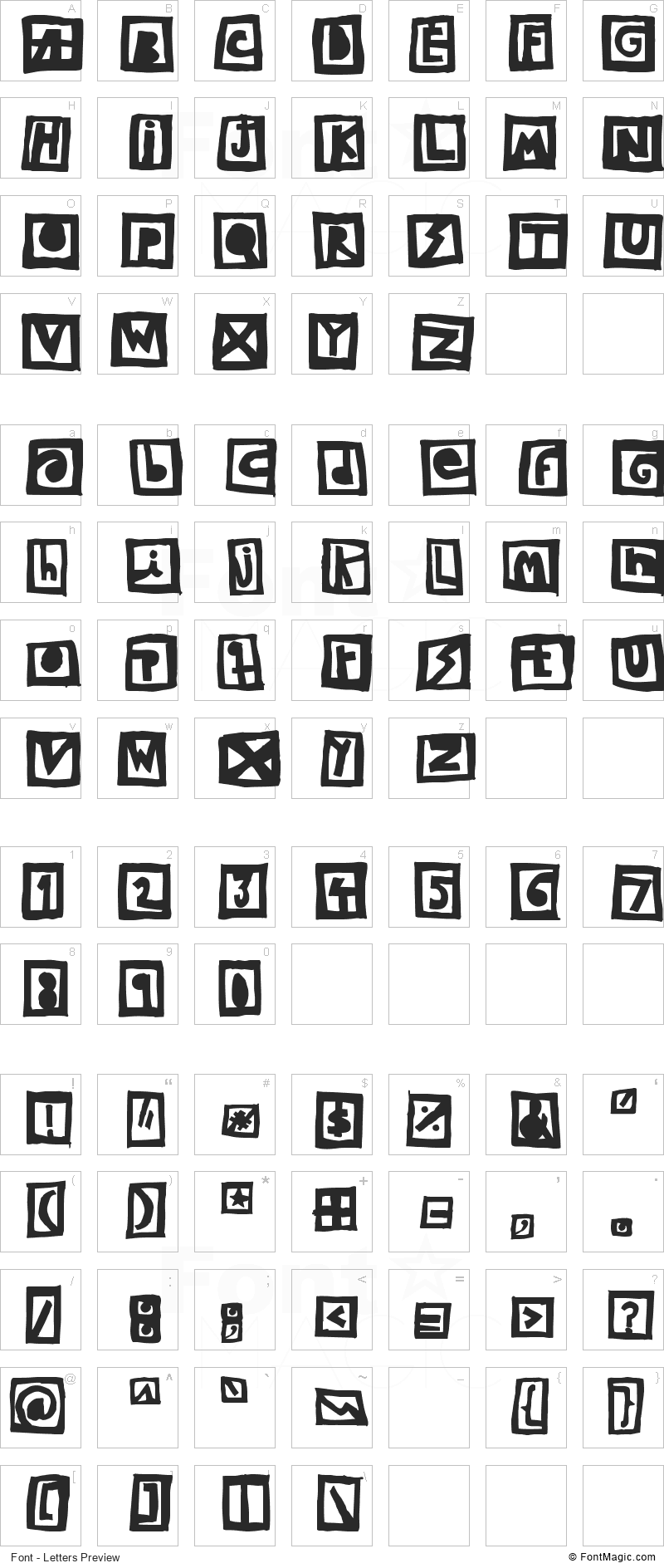 Woodcutter Black Square Font - All Latters Preview Chart